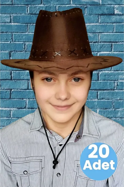 Çocuk Unisex 20'li Nubuk Kovboy Şapkası ( 8-14 Yaş )