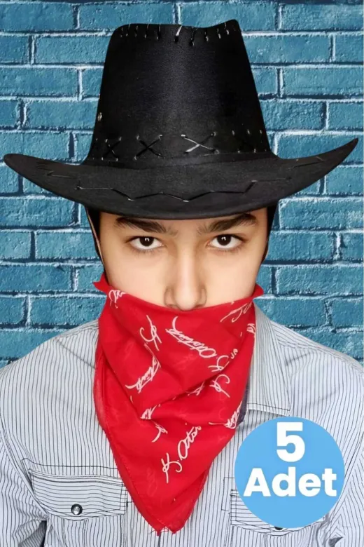 Çocuk Unisex Bandanalı 5'li Nubuk Kovboy Şapkası ( 8-14 Yaş )