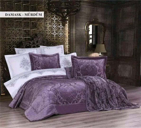 10 Parça Çeyiz Seti (Battaniye+Nevresim Takımı+Yatak Örtüsü)-Damask Mürdüm
