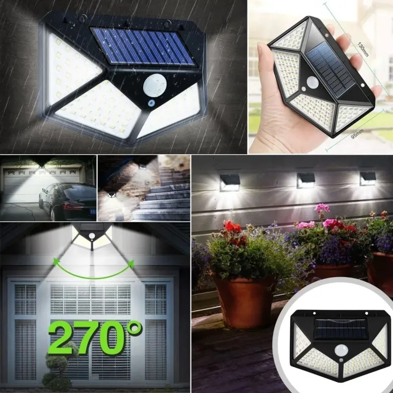 100 Ledli 3 Farklı Aydınlatma Ayarlı Solar Güneş Enerjili Hareket Sensörlü Bahçe Duvar Lambası (4745)