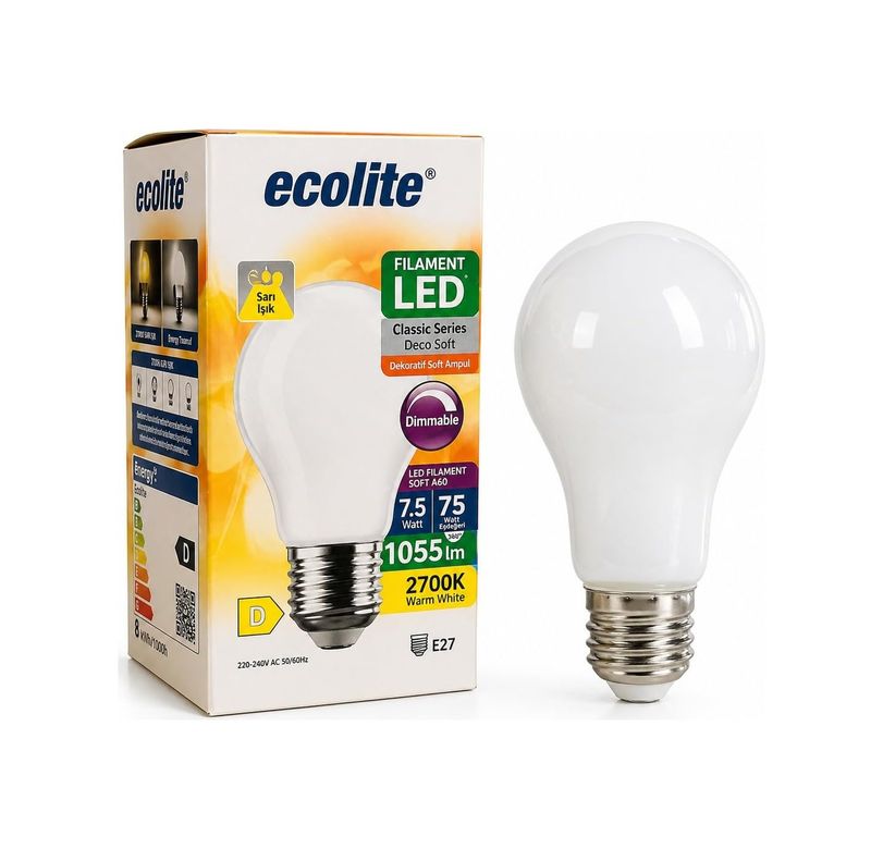 1001Hediye 57855210124008380184975 7.5W Led Filament Soft Ampul Dimmer Uyumlu 75W Eşdeğer 1055 Lümen E27 Duy 2700K Sarı Işık Dekoratif Led Ampul