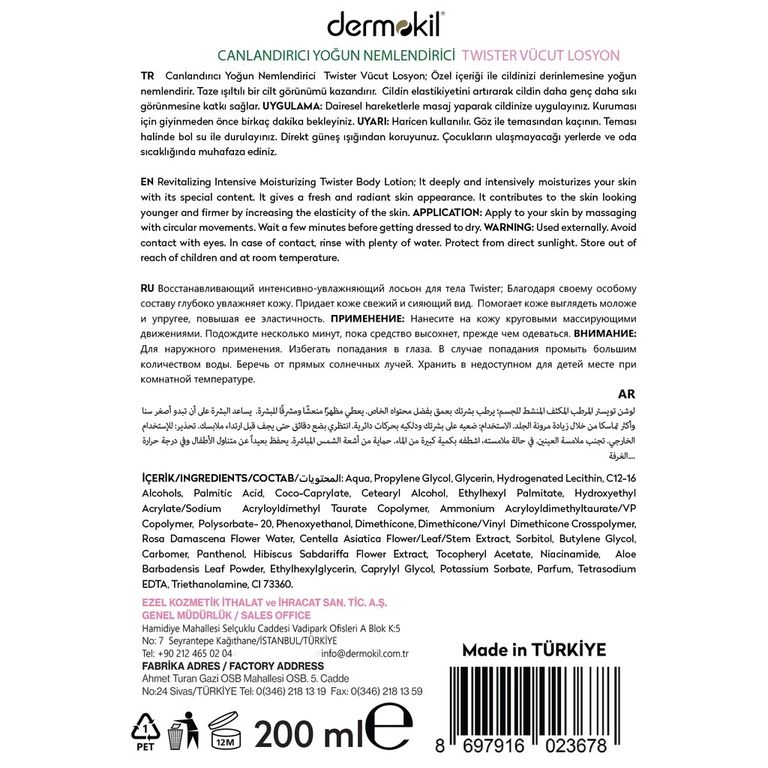 10211787 Dermokil %100 Doğal Gül Suyu Canlandırıcı Yoğun Nemlendirici Twister Vücut Losyonu 200 Ml