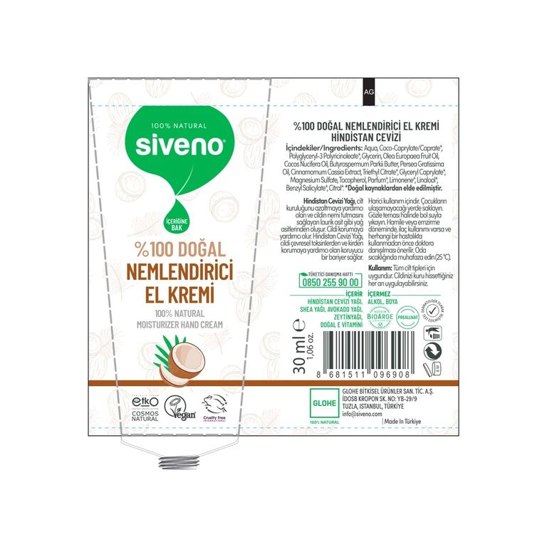 10212566 Siveno %100 Doğal Nemlendirici El Kremi Hindistan Cevizi 30 Ml