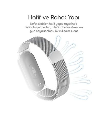 10LİNE AKSESUAR 131616770 Xiaomi İle Uyumlu Mi Band 10/9/8 İçin Milano Loop Metal Hasırlı Kordon Manyetik Tasarımlı Terletmeyen Hafif Yapılı Bileğe Göre Ayarlanabilen Deformasyona Dayanıklı Paslanmaz Kayış -