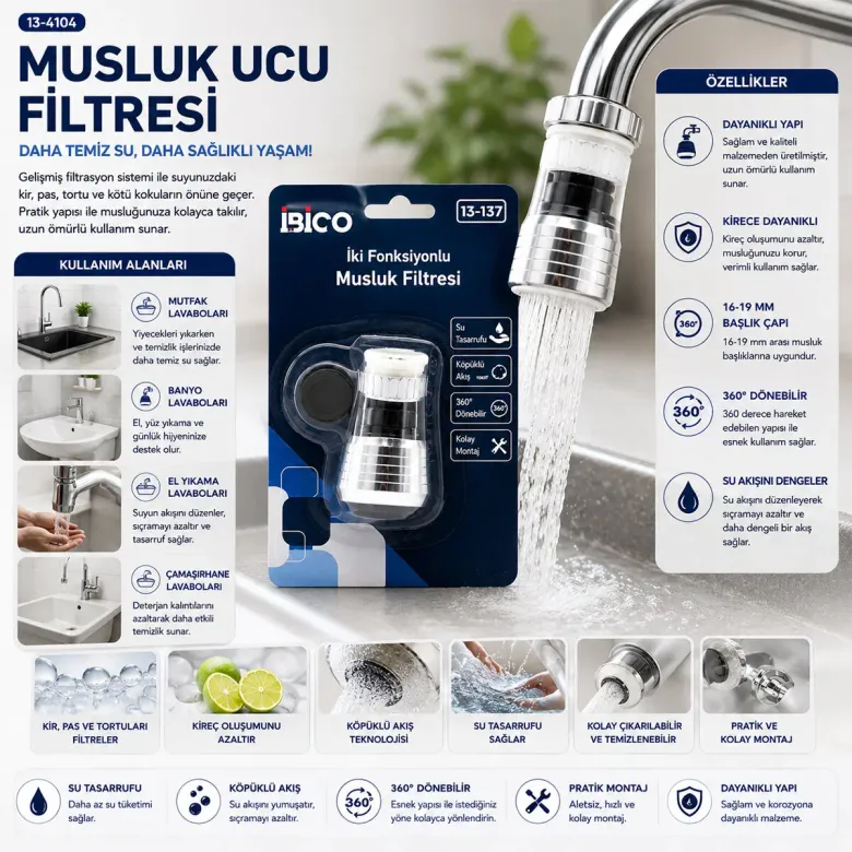 12 ADET MUSLUK UCU FİLTRESİ 2 FONKSİYONLU 360° DERECE DÖNEBİLEN BAŞLIK 16-19MM CAŞLIK ÇAPI (4745)