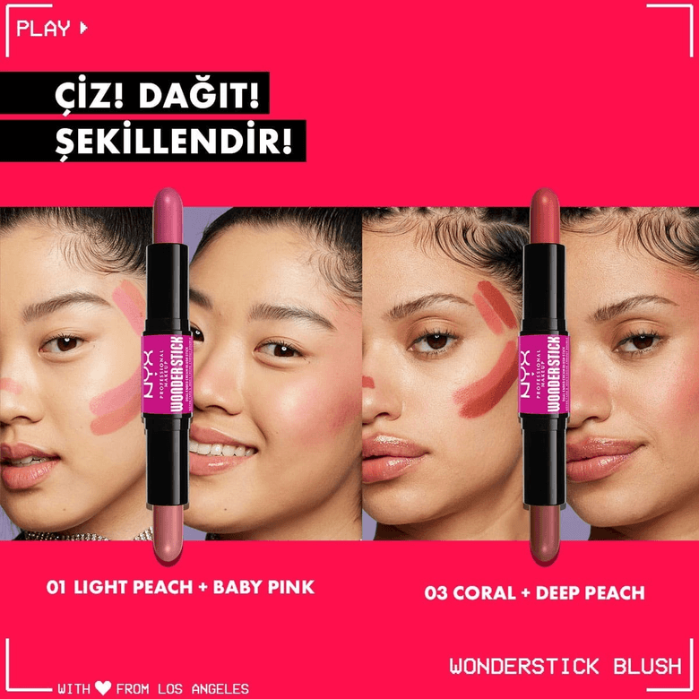 1353212 Nyx Professional Makeup Wonder Stick Çift Taraflı Peach And Baby Pink Krem Allık