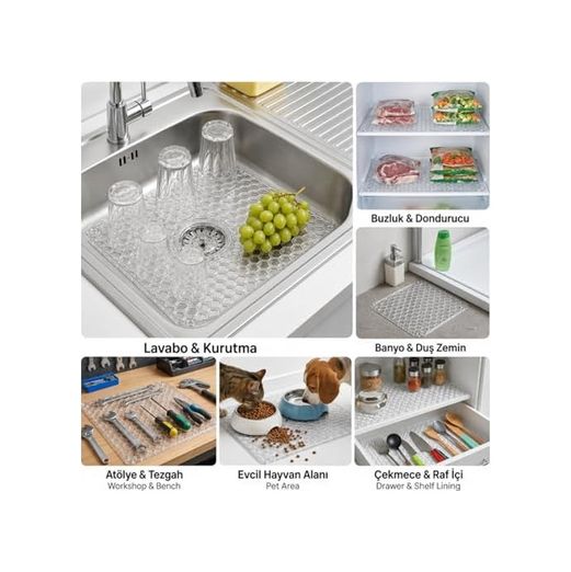 1Birhome 57855210126047280184975 Lavabo Kurutma Matı 32X32 Cm, Şeffaf Petek Desenli Buzluk Ve Dondurucu Raf Koruyucu, Çekmece Raf İçi Kaydırmaz Düzenleyici Mat, Banyo, Tezgah Ve Evcil Hayvan Mama Alanı İçin Çok Amaçlı Mat Açık Gri