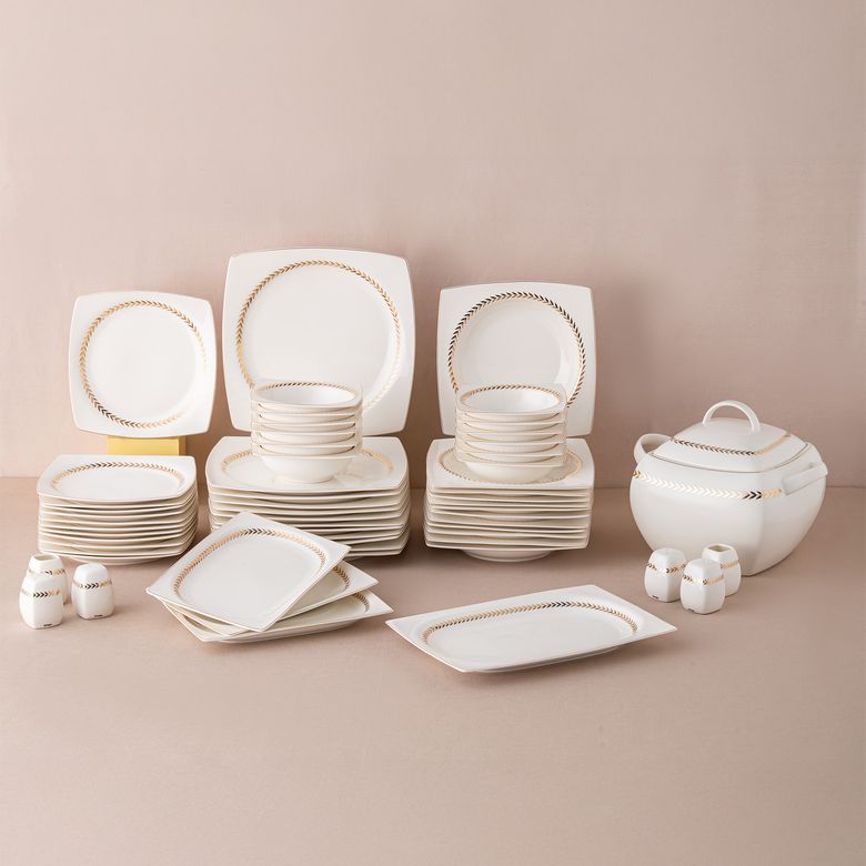 24.999 TL.. Emsan Başak Fine Bone 60 Parça 12 Kişilik Kare Yemek Takımı Gold