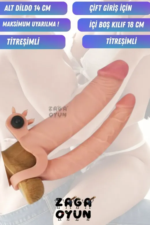 2,5 Cm Uzatmalı Çiftli İçi Boş Titreşimli 18 Cm Çatal Dildo Penis Kılıfı