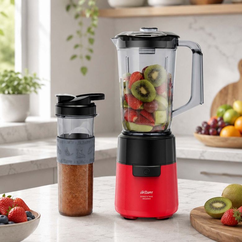 2999- Arzum Ar1196 Shake'n Take Megamix Sürahi Blender 550W, 1L Sürahi, 550 Ml Taşınabilir Şişe, Kırmızı