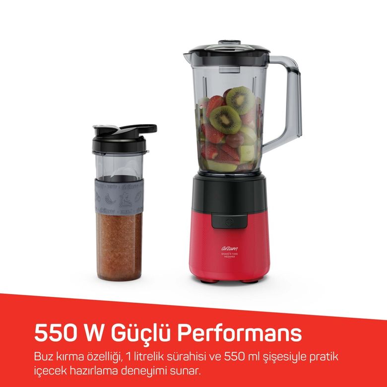 2999- Arzum Ar1196 Shake'n Take Megamix Sürahi Blender 550W, 1L Sürahi, 550 Ml Taşınabilir Şişe, Kırmızı
