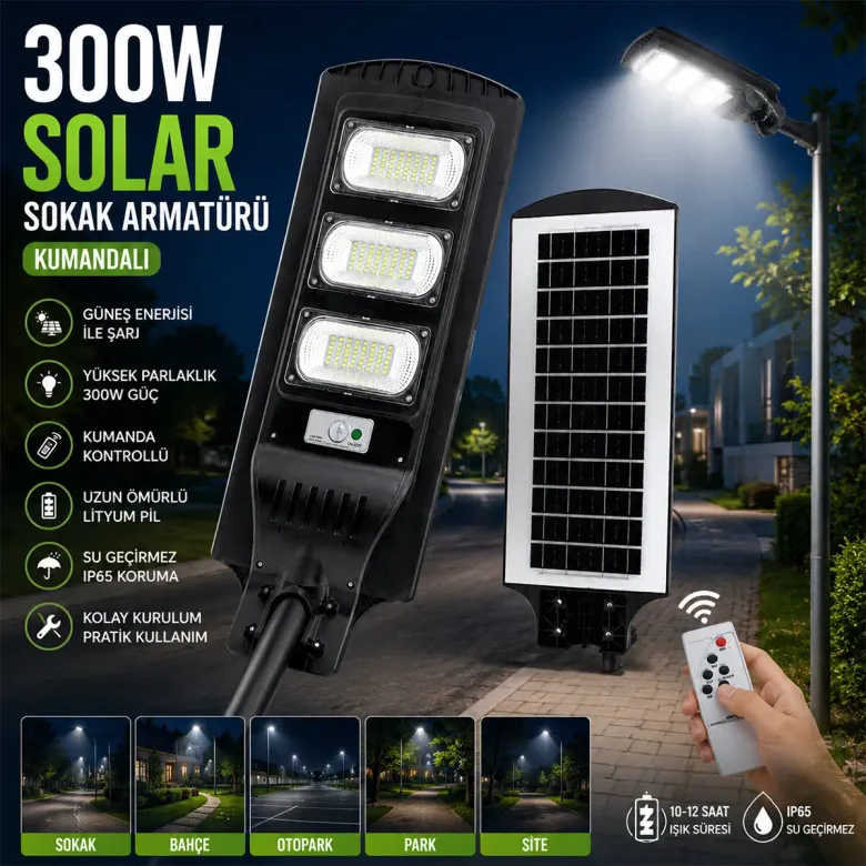 300W - 6500K SOLAR - GÜNEŞ ENERJİLİ SOKAK LAMBASI - ARMATÜR SENSÖRLÜ BAHÇE-BALKON-SOKAK ARS-348966 (4745)