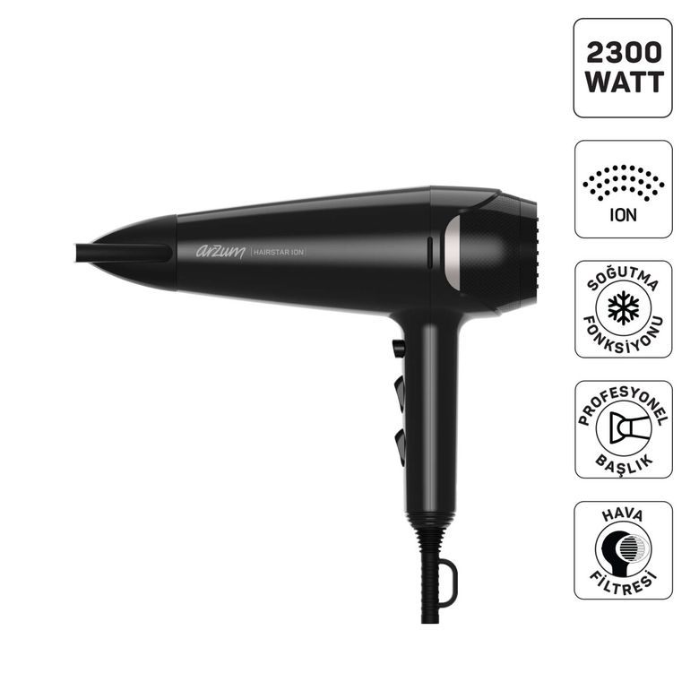-3099- Arzum Ar5138 Hairstar Ion Saç Kurutma Makinesi 2300 W, 2 Hız, 3 Isı Ayarı, Siyah