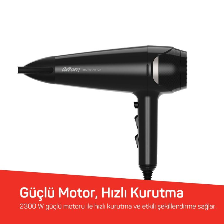 -3099- Arzum Ar5138 Hairstar Ion Saç Kurutma Makinesi 2300 W, 2 Hız, 3 Isı Ayarı, Siyah