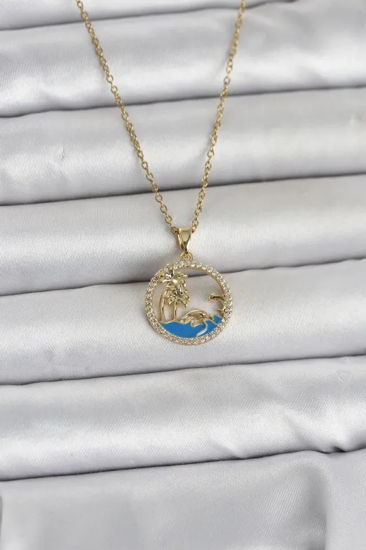 316L Çelik Zincir Gold Renk Zirkon Taşlı Deniz Temalı Kadın Kolye TJ-BKO11032