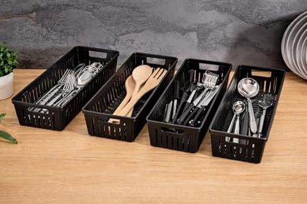 3Er 57855210131232580184975 4&apos Lü Mutfak Düzenleyici Kaşıklık Seti Çekmece Ve Dolap İçi Organizer, Bıçaklık Kepçelik Siyah Açık Ahşap