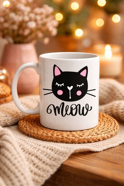 3MDMyODIyMzg1Ng-BLNC Sevimli Kedi Desenli Porselen Kupa Model 63 Meow Yazılı Kahve & Çay Keyfi İçin Tatlı Tasarım Diğer