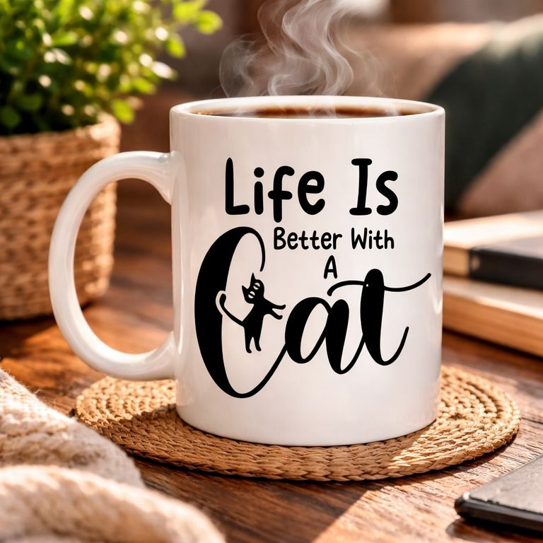 3NDM5MTUwMDA3MA-BLNC Kedi Severlere Özel Life Is Better With A Cat Kupa Model 181 Sevimli Kedi Tasarımlı Porselen Kahve Kupası Hediyelik Kupa Diğer