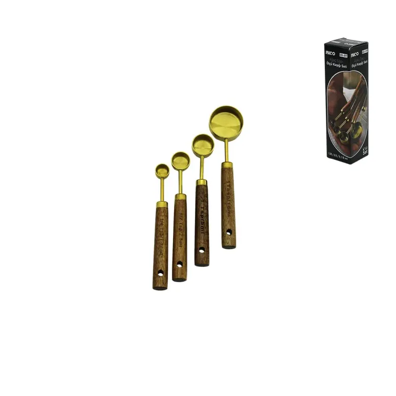 4 PCS GOLD METAL ÖLÇÜ KAŞIK SETİ OTANTİK AĞAÇ KULP 15ML - 5ML - 2.5ML - 1.25ML (4745)
