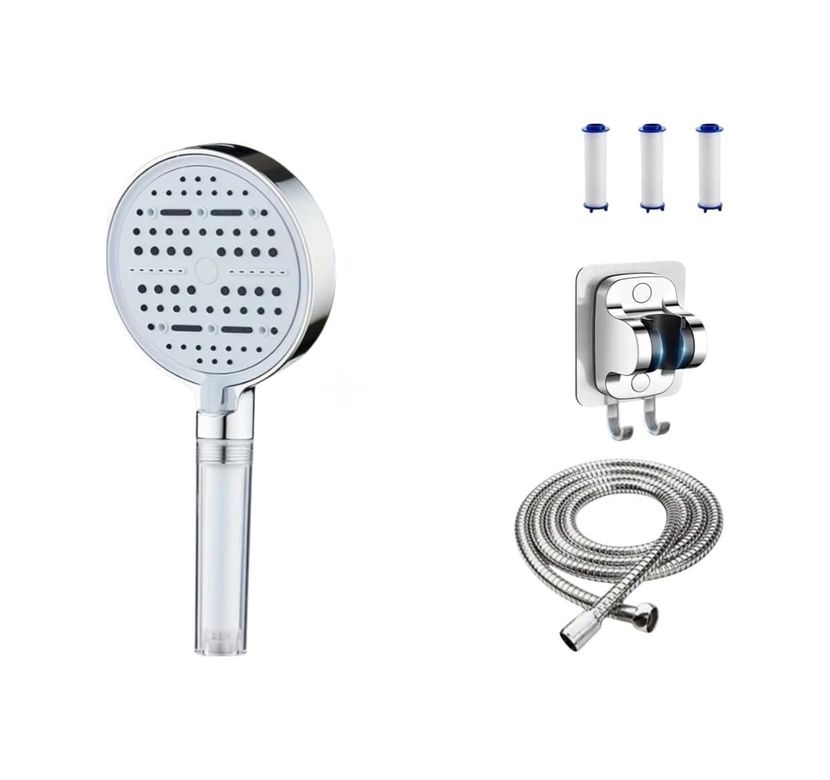 4444 Taş 131574799 4&apos Lü Set Filtreli Duş Başlığı 6 Fonksiyonlu Yüksek Basınçlı, Yapışkanlı Askı, Örgülü Hortum Ve Yedek Filtre Seti