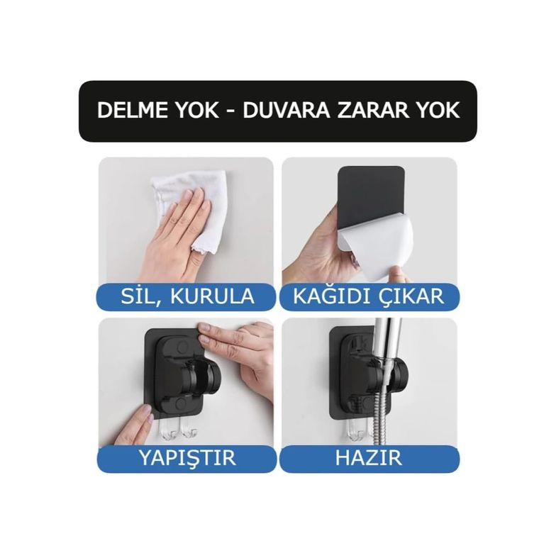 4444 Taş 131575114 4&apos Lü Duş Seti, Siyah 6 Fonksiyonlu Filtreli Duş Başlığı, Beyaz-Krom, 3 Yedek Filtre, 150 Cm Hortum, Yapışkanlı Askı Siyah Set