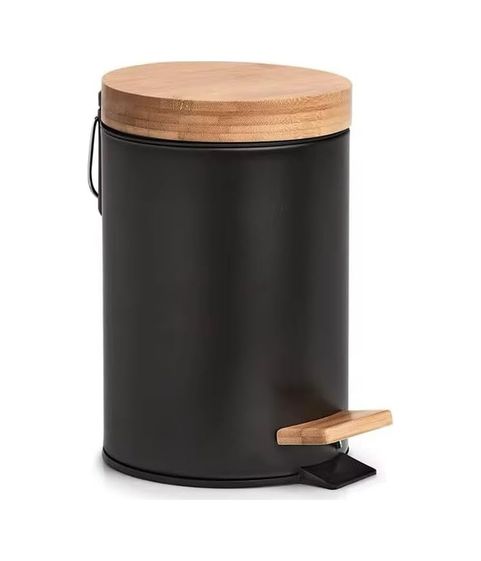 4444 Taş 57855210124904980184975 Bambu Kapaklı Metal Çöp Kovası Hidrolik Sistemli Yavaş Kapanma Özellikli, Pedallı, Banyo Ve Mutfak İçin Şık Ve Fonksiyonel Tasarım Siyah, 3 Litre 6998