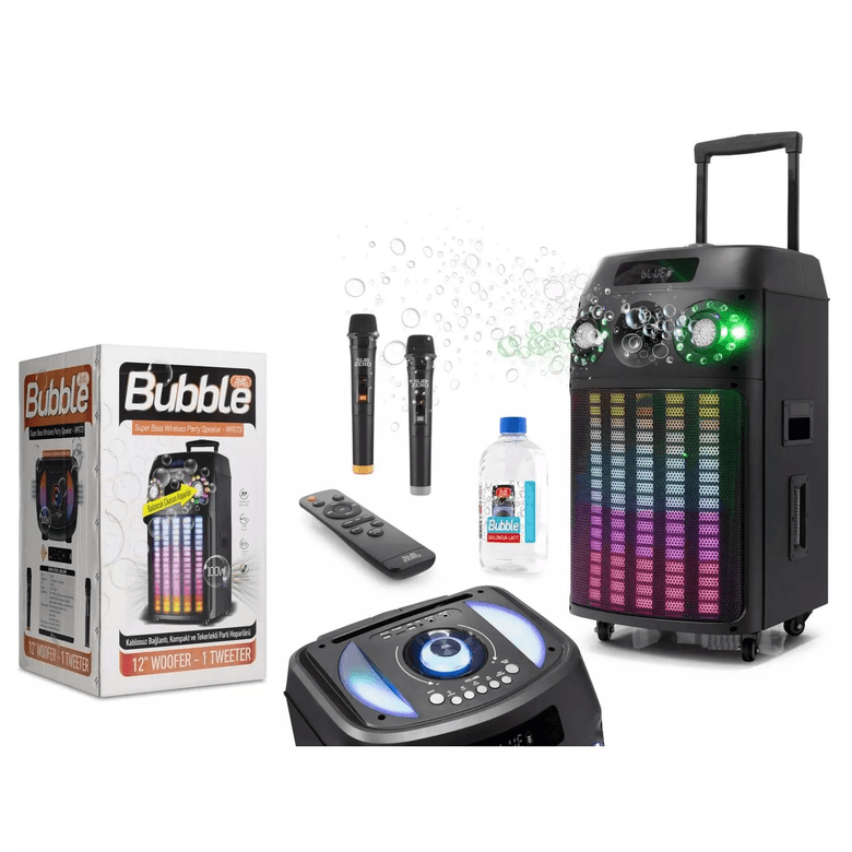 4p6bE3cXjS Subzero Wr173 12" 100W 2 Kablosuz Mikrofonlu Kumandalı Baloncuk Çıkartan Rgb Bluetooth/usb/sd Müzik Kutusu