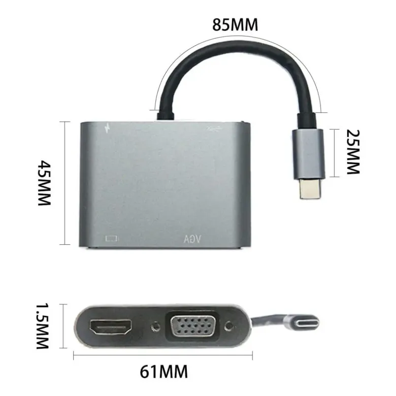 4’ü 1 Arada Type-C to Hub Dönüştürücü Adaptör – 4K Ultra HD HDMI & VGA Görüntü Aktarımı, PD Hızlı Şarj Destekli, USB Çoklayıcı (4745)