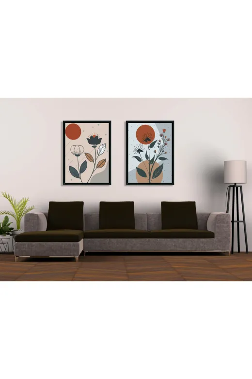 5465546500s2122 Toprak Tonları Bohem Çiçek 2'li Mdf Tablo Seti | Modern Çizgisel Sanat | Delmeden Kolay Montaj