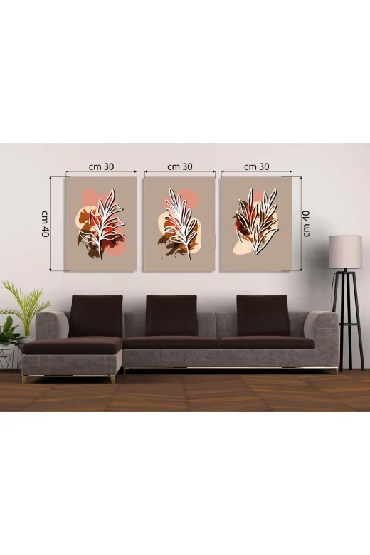 548948910s2097 Toprak Tonları Soyut Yaprak Desenli 3'lü Mdf Tablo Seti | Bohem Stil & Modern Sanat Delmeden Montaj