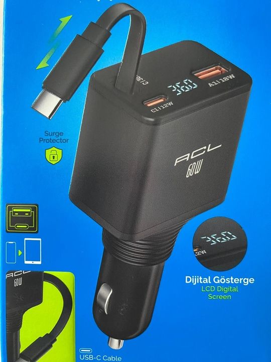 60W 3.4A, Dual Po Geri Çekilebilir Kablolu, Araç İçi Hızlı Şarj Aleti