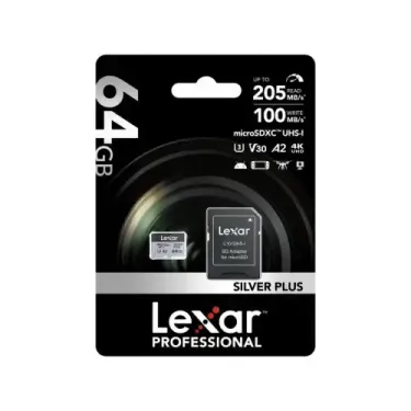 64GB LMSSIPL064G-BNANG MICROSD HIGH-PERFORMANCE SILVER PLUS MICROSDXC UHS-I UP TO 205MB/S READ 100MB/S WRITE C10 A2 V30 U3