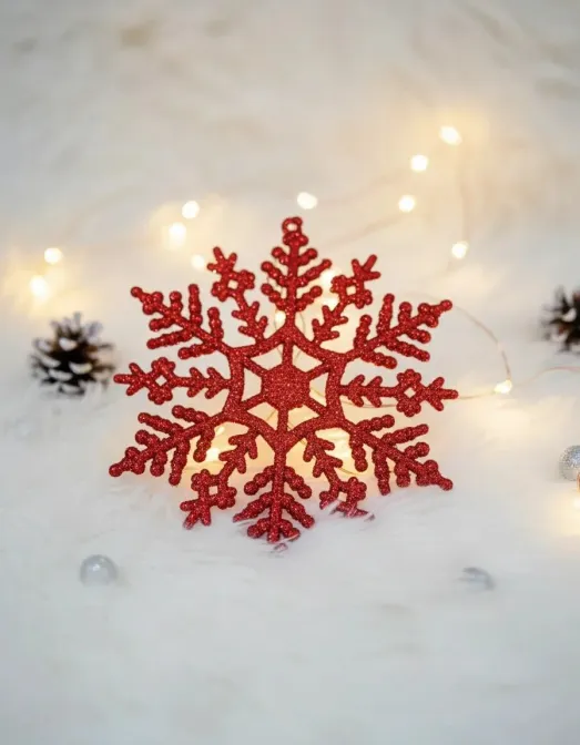 6'lı Kırmızı Simli Kar Tanesi Yılbaşı Ağacı Süsü (10cm)