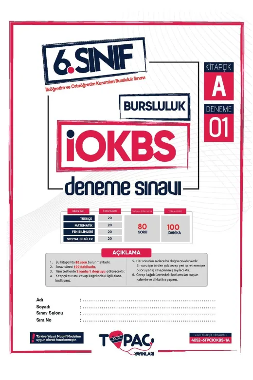6.sınıf Topaç Yayınları Özgün Iokbs-Bursluluk 6Lı Deneme Paketi Çözümlü Türkiye Geneli