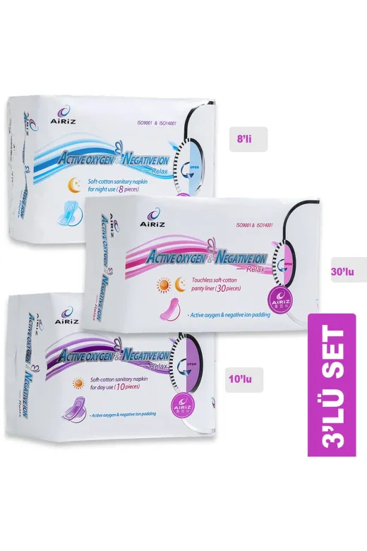 8035301280488 Airiz Pembe Gün Airiz Hijyenik Ped Seti - Gece (8), Gündüz (10), Günlük (30) - X3'lü Paket