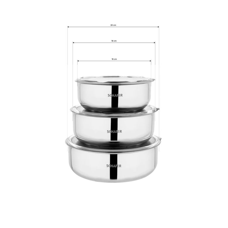 ₺999,00 Schafer Practi 3 Lü Çelik Saklama Kabı (16-18-20 Cm) 6 Parça-Inox