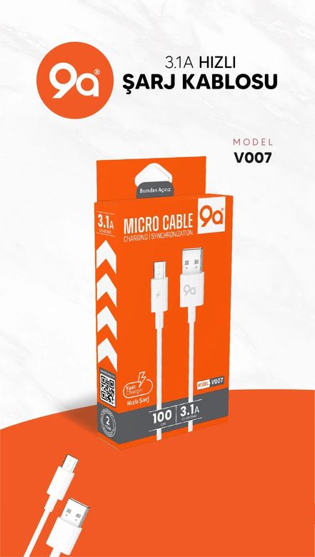 9A 3.1Ah Micro Şarj & Data Veri Kablosu V007 Hızlı Şarj Kablosu