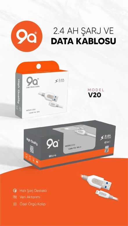 9a V20 9A 2.4 Ah İos Şarj & Data Kablosu V20 Lightning Telefon Şarj Kablosu