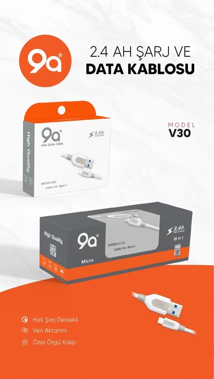 9a V30 9A Type-C Hızlı Şarj Kablo 1M - Beyaz 2.4 Ah Typec Şarj & Data Kablosu V30
