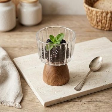 Aa Plastik 131622874 Doğal Akasya Ahşap Ayaklı Borosilikat Cam Sunumluk - Çerezlik, Dondurmalık Ve Tatlı Kasesi 10X9X6 Cm, 1 Adet, Küçük