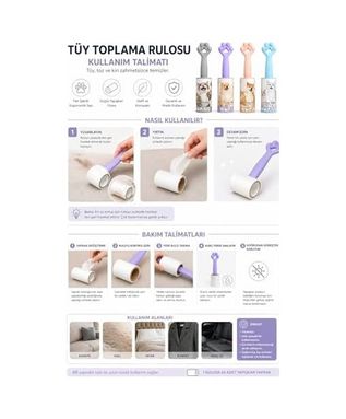 Abc Farben 131622346 4 Lü Set Tüy Toplama Rulosu, 60 Yapraklı Güçlü Yapışkan Sticky Roller, Pati Tasarımlı Sap, Kedi Köpek Tüyü Temizleyici, Kıyafet Koltuk Halı Ve Araç İçi İçin 20 Cm