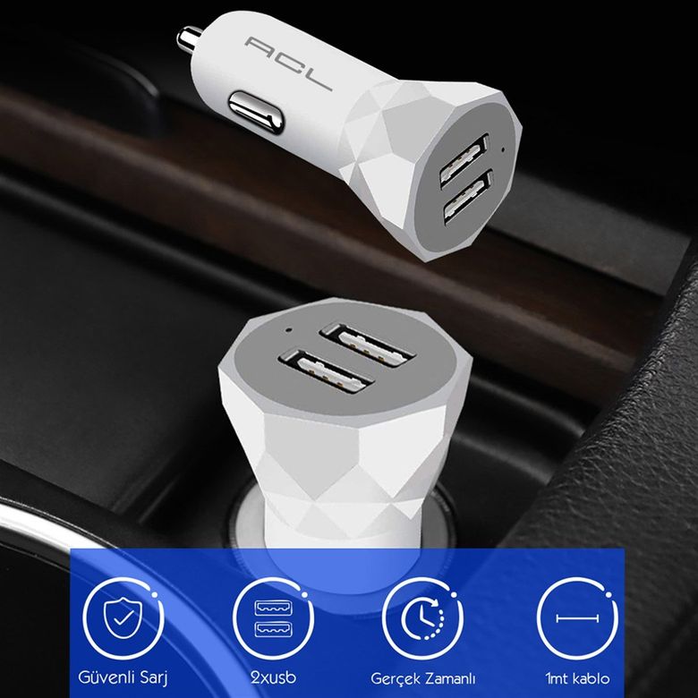 Acl Ac-91 Realpower™ Type-C Usb Kablolu 2.4A Usbx2 Araç İçi Şarj Aleti