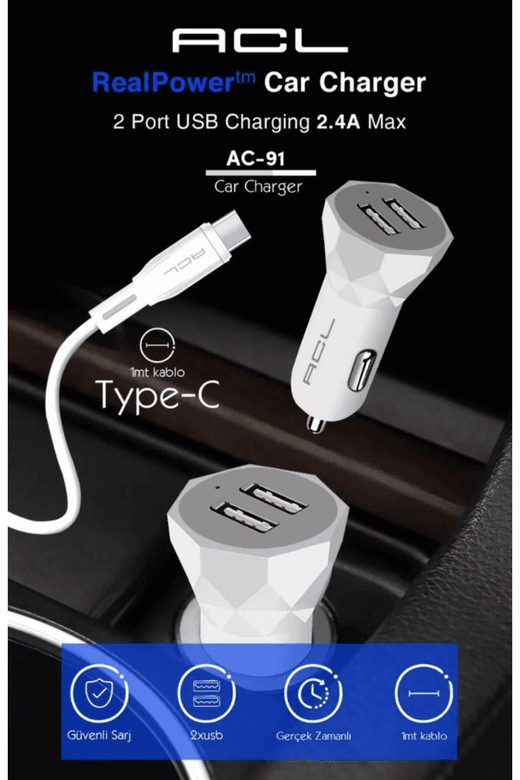 Acl Ac-91 Realpower™ Type-C Usb Kablolu 2.4A Usbx2 Araç İçi Şarj Aleti