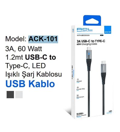 ACL Ack-101 3A 60 W 1.2 Mt Usb-C To Type-C Led Işıklı Usb Şarj Kablosu