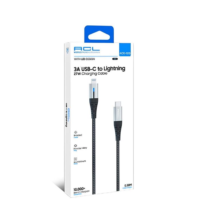 Acl Ack-103 3A, 27 Watt 0.30Mt Usb-C To Lightning Led Işıklı Şarj Kablosu Usb Kablo