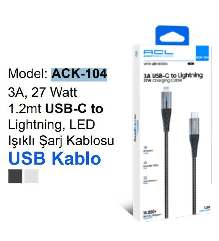 Acl Ack-104 3A 27 W 1.2 Mt Usb-C To Lightning Led Işıklı Usb Şarj Kablo
