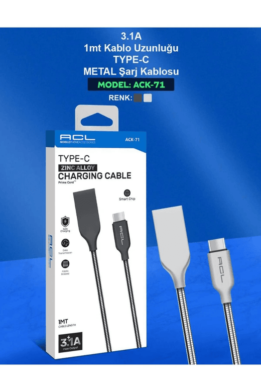Acl Ack-71 Primecord™ 3.1A, 1Mt Metal Type-C Usb Şarj Kablosu