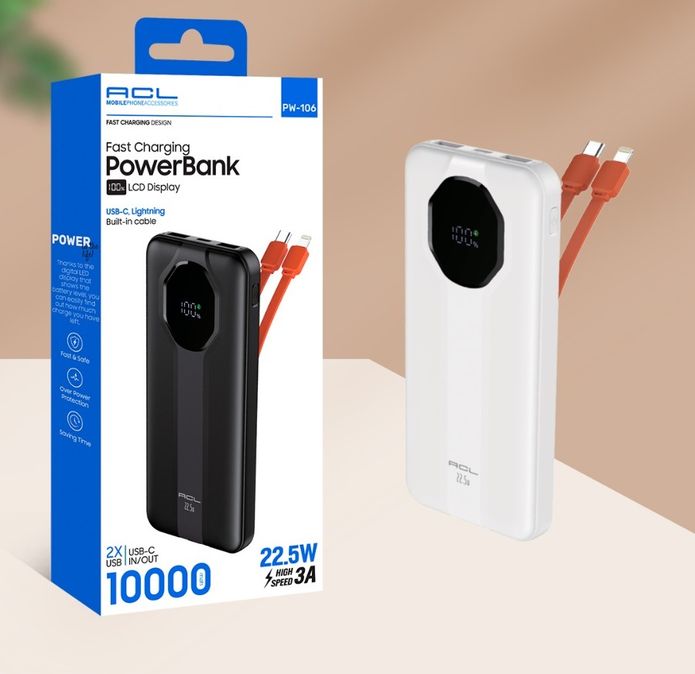 ACL Pw-106 Usb-C Ve Lightning Kablolu 22.5W,10.000Mah Hızlı Şarj Powerbank