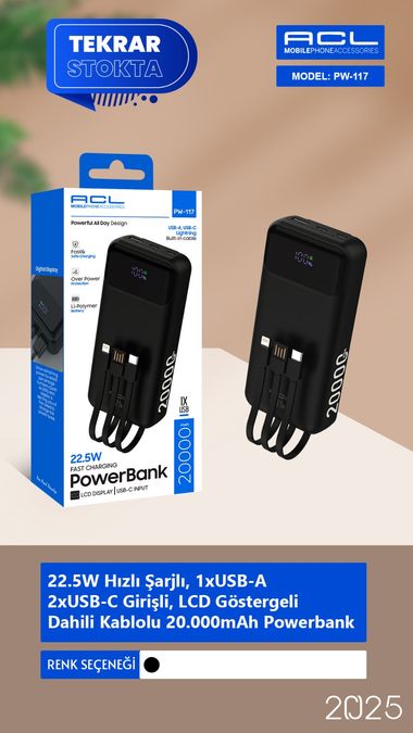ACL Pw-117 22.5W Hızlı Şarjlı Lcd Göstergeli 20.000Mah Dahili Kablolu Powerbank