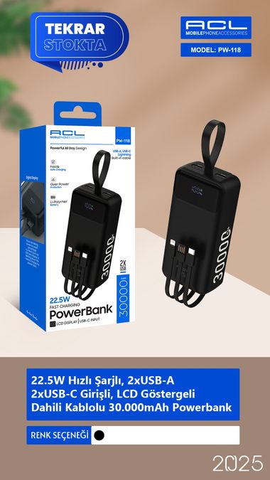 ACL Pw-118 22.5W Hızlı Şarjlı, 2Xusb-A 2Xusb-C Girişli, Lcd Göstergeli Dahili Kablolu 30.000Mah Powerbank